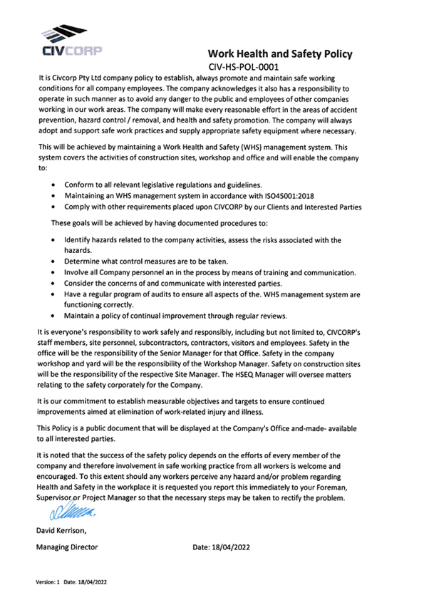 Civcorp WHS policy 2022